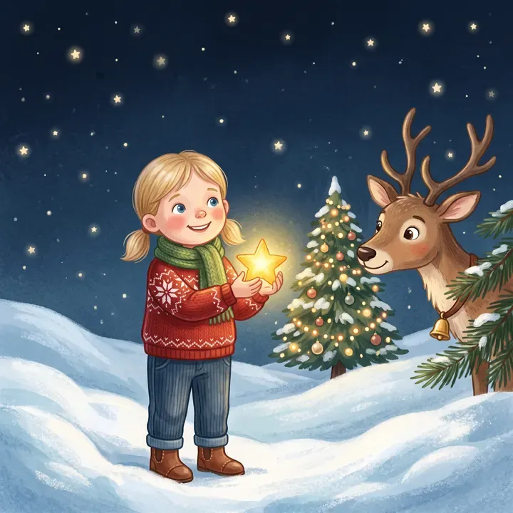 Sample cover: a little girl holding a glowing golden star on a snowy night, with a reindeer